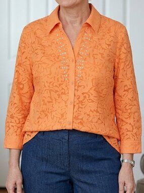 City Blues by Koret Women's Orange Floral Sequin Button Down Shirt Size L